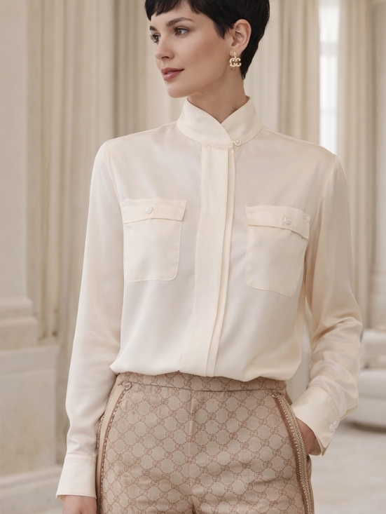Peter Nygard Tops - Peter Nygard💝100%SILK VINTAGE Cream Stand-Collar Button-Front Blouse Sz 8